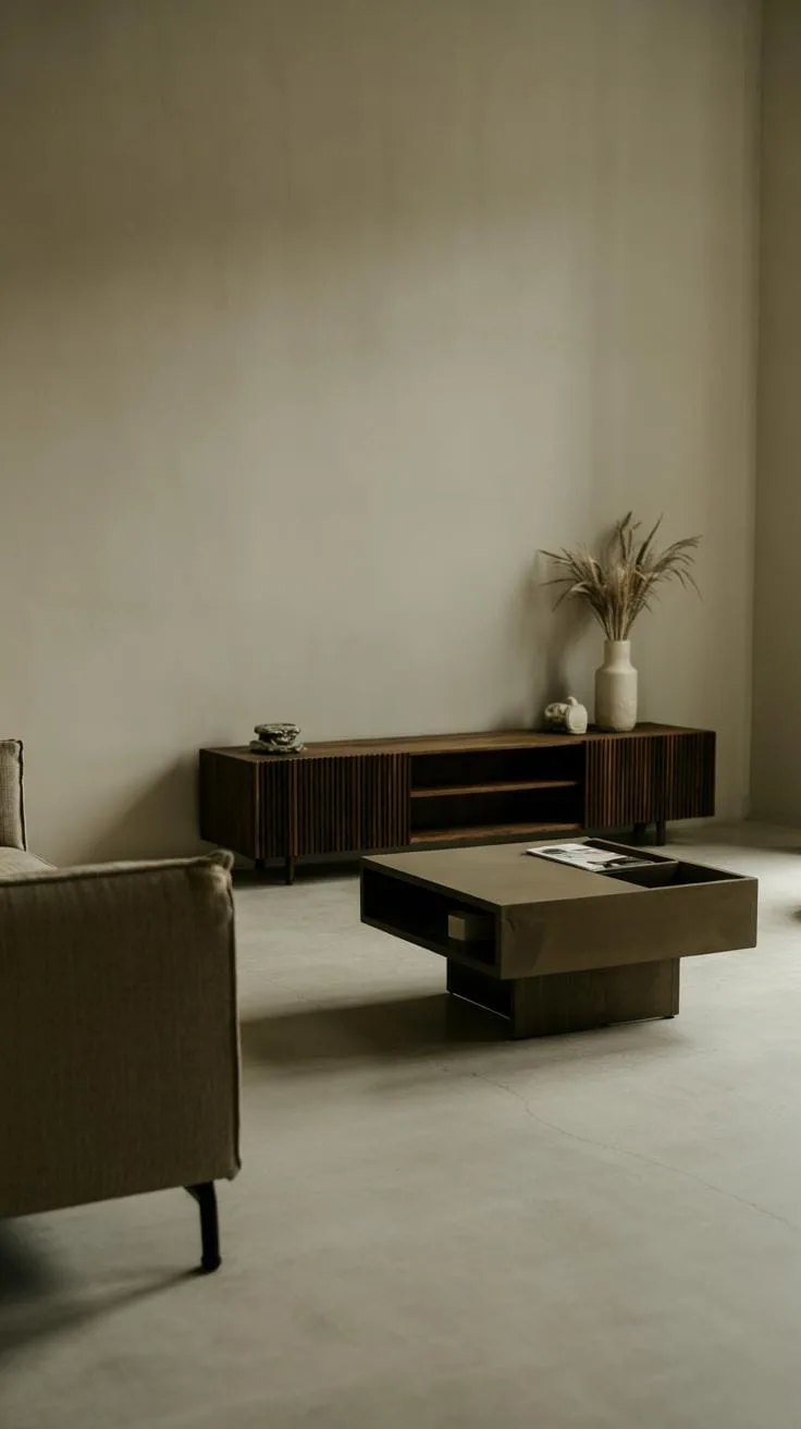 A minimalist living room features a dark wood media console and coffee table on a light gray concrete floor, with a neutral sofa partially visible in