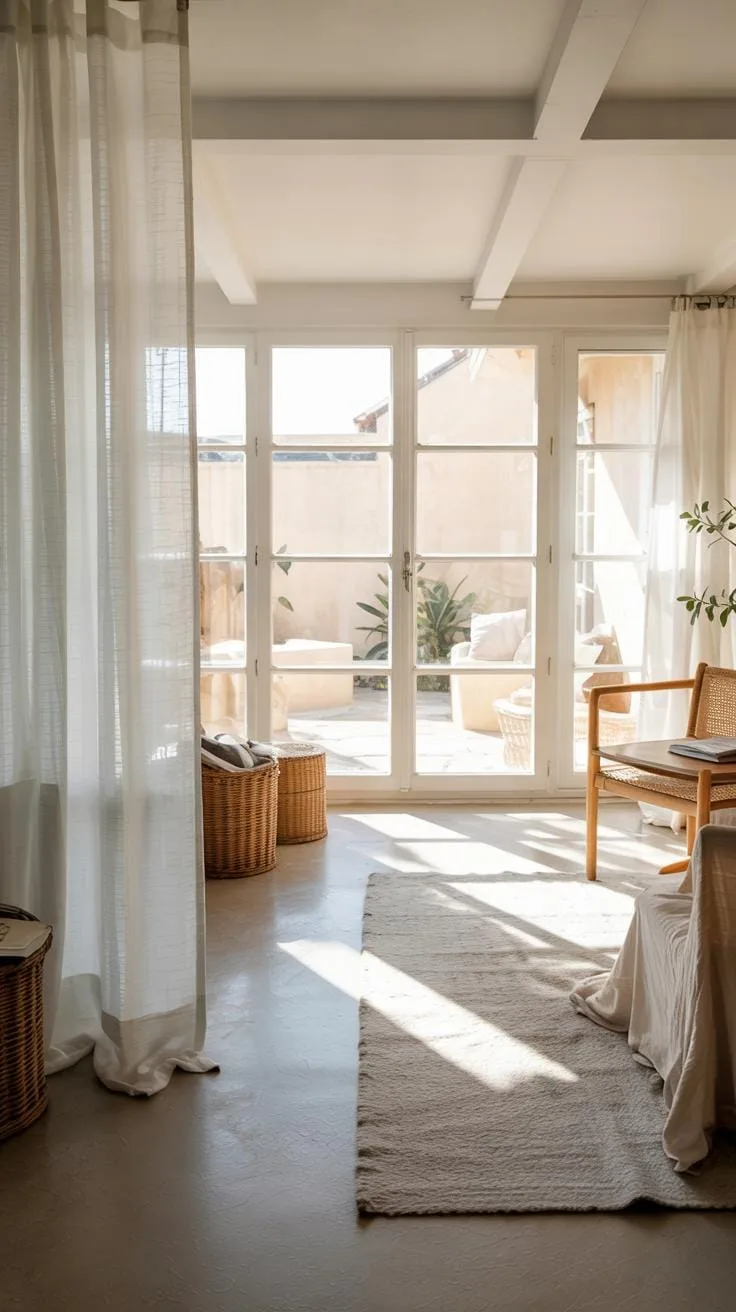 A sunlit bedroom with light-colored walls and concrete floors opens to an outdoor patio through large glass French doors, featuring sheer white curtai