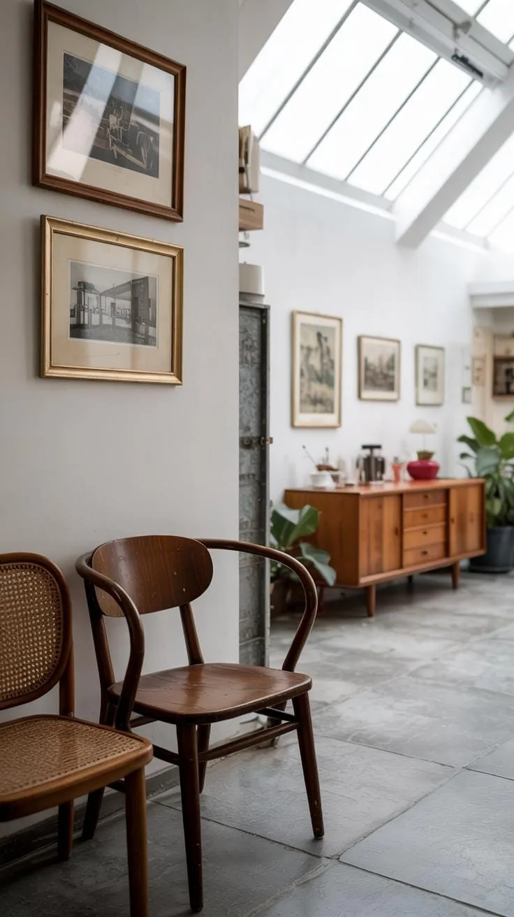 A mid-century modern-inspired hallway features two wooden chairs, framed artwork, and a credenza under a skylight, with a potted plant visible.