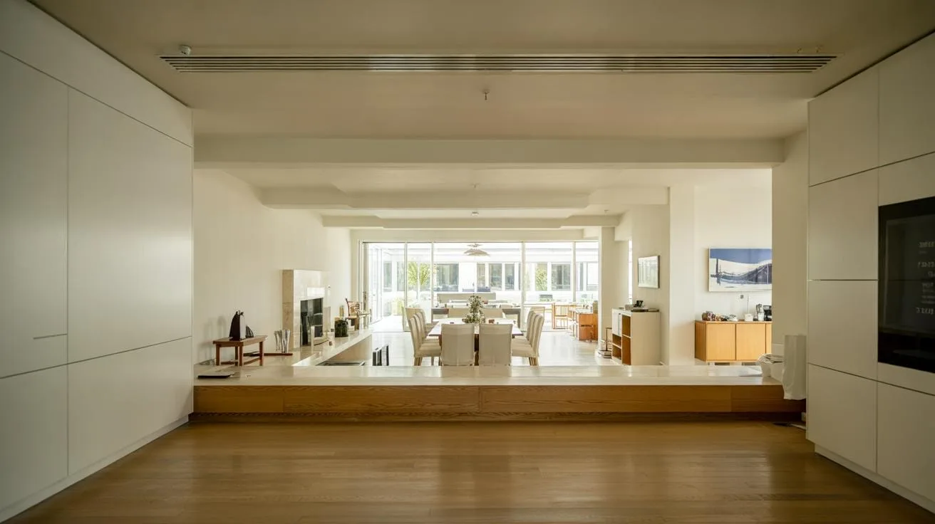 A wide-angle view of a modern, open-plan living space with light wood flooring, white walls, and built-in storage on the left and right, leading to a