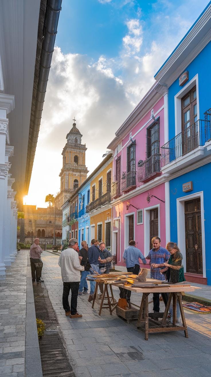 A group of people gather around wooden tables on a colorful, narrow street with vibrant blue, pink, and yellow buildings. A church tower rises in the background as the sun sets, casting a warm glow over the scene.