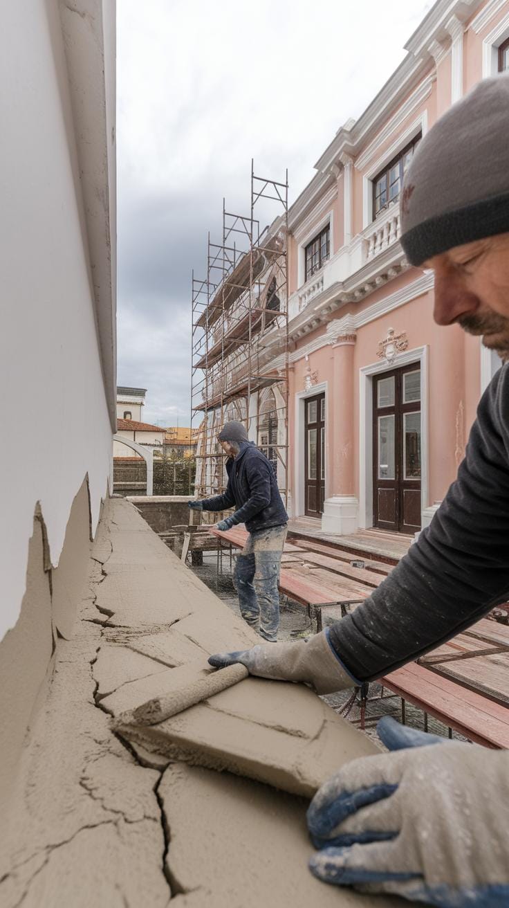 Two construction workers apply fresh plaster to the exterior wall of a building; scaffolding and a classical-style pink and white building are visible in the background.