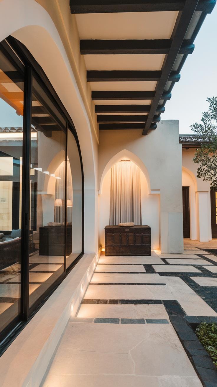 A modern Mediterranean-style house exterior with arched windows, large glass panes, beige walls, black wooden beams, geometric stone pathway, and warm ambient lighting. A wooden chest sits beneath an arched alcove.