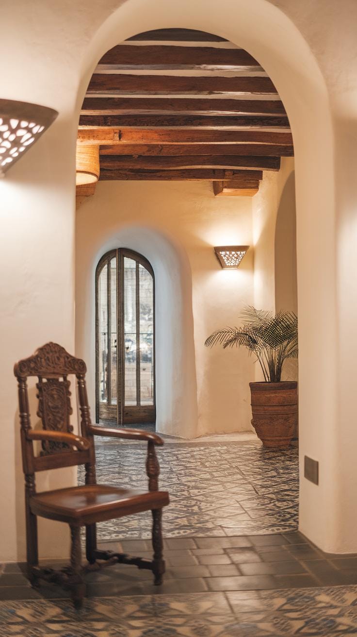 A warmly lit hallway with white stucco walls, arched doorways, patterned tile floor, a wooden chair in the foreground, a potted plant, and wooden ceiling beams, leading to a glass door.