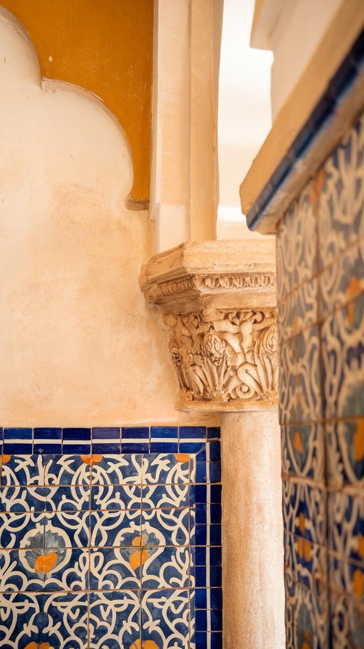 Ornate blue and white patterned tiles with yellow accents on a wall, next to a carved stone column with detailed designs and a yellow-painted arch above. The scene appears to be from historical or Moorish architecture.