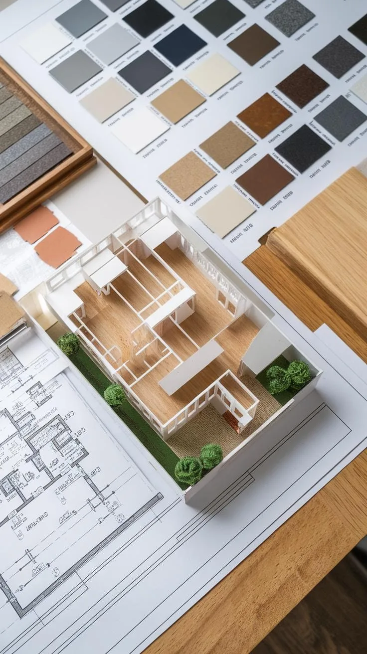 A flat lay shows a miniature architectural model of a house with light wood flooring and white walls, surrounded by various design elements like bluep