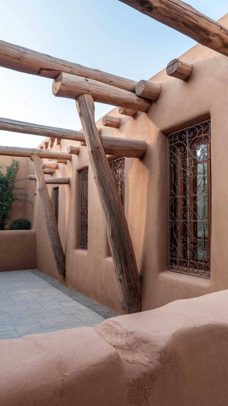 Adobe-style courtyard with tan stucco walls, wooden beams extending outward, and decorative wrought iron window grilles. The patio area has stone flooring and soft natural light.