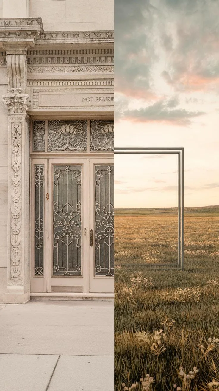 A split image shows a grand, ornate stone building entrance with double glass doors on the left, and a golden grassy field with a clear rectangular fr