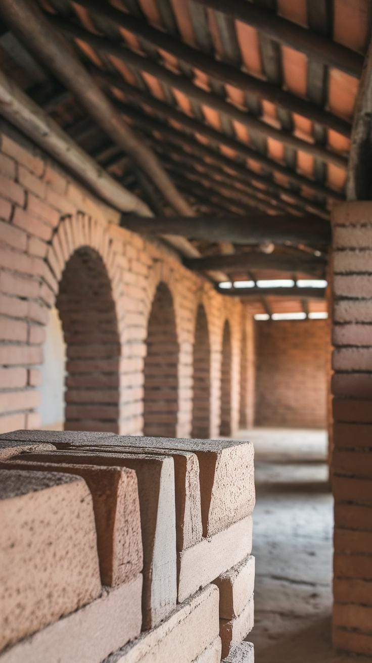 Sunlit interior of a rustic building with exposed brick walls, multiple arched doorways, and a tiled roof supported by visible wooden beams. The focus is on the textured bricks in the foreground.