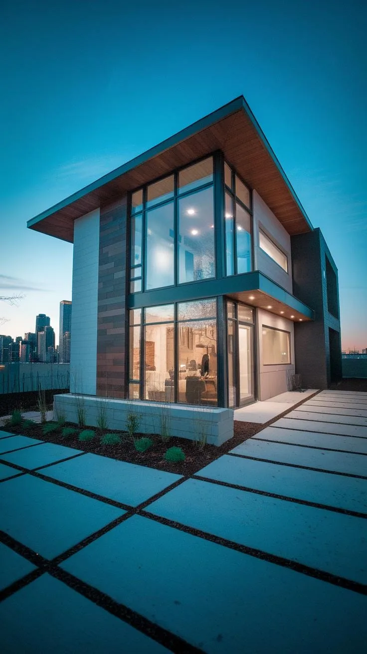 A modern two-story house with large glass windows and a slanted roof stands against a dark blue twilight sky, with a city skyline visible in the blurr