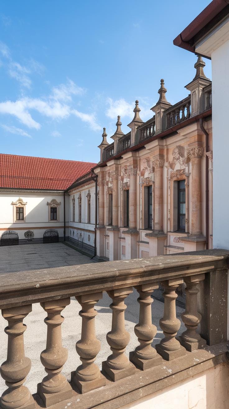 A historic building with ornate columns and decorative stonework, red-tiled roof, and a courtyard, viewed from behind a stone balustrade under a blue sky with light clouds.
