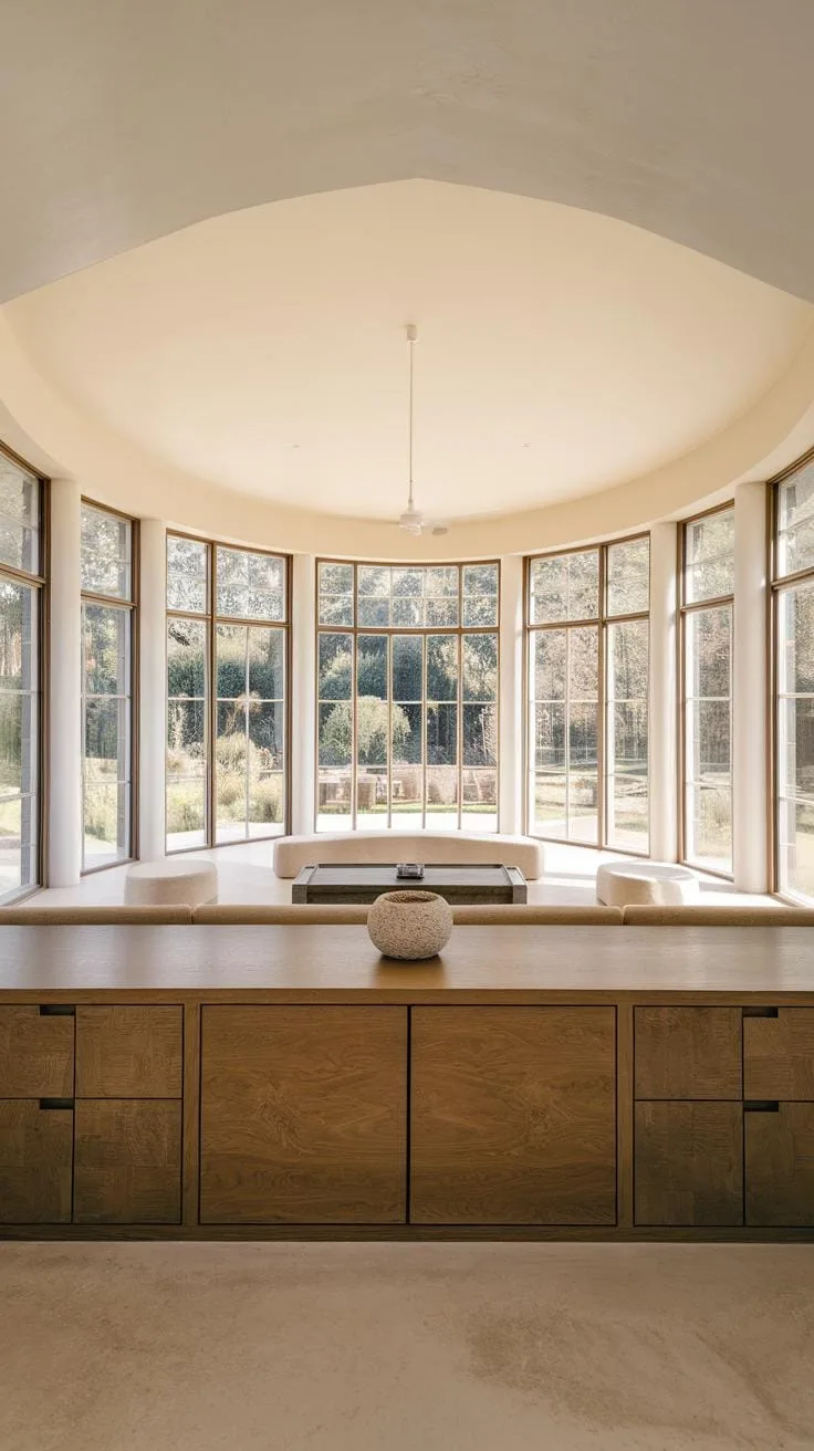 A serene, light-filled circular room features a low, light wood cabinet in the foreground with a ceramic vase, and a continuous wall of floor-to-ceili