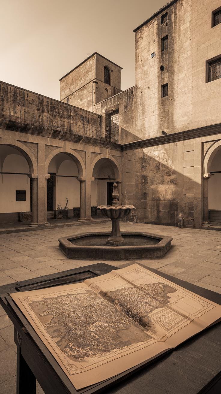 An open book displaying a detailed map rests on a table in a stone courtyard with arches, a central fountain, and historic buildings bathed in warm, sepia-toned light.