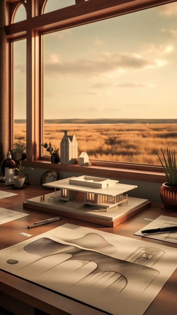 A close-up view of an architect's desk with a detailed miniature house model and technical drawings, set against a large window overlooking a vast, go