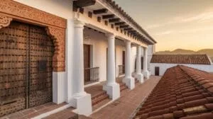 Colonial-style building with white walls, wooden doors, and a row of columns along a tiled walkway. Red clay roof tiles and distant mountains under a golden sunset sky are visible.