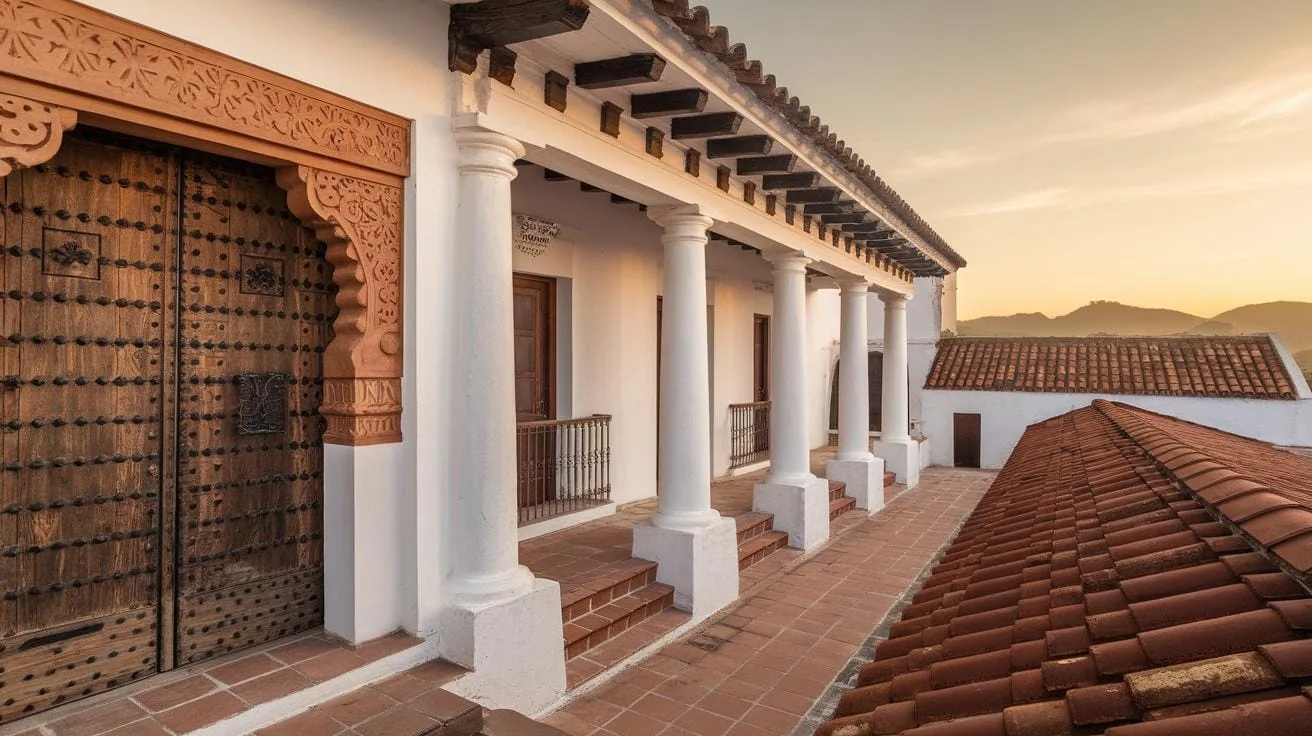 Colonial-style building with white walls, wooden doors, and a row of columns along a tiled walkway. Red clay roof tiles and distant mountains under a golden sunset sky are visible.