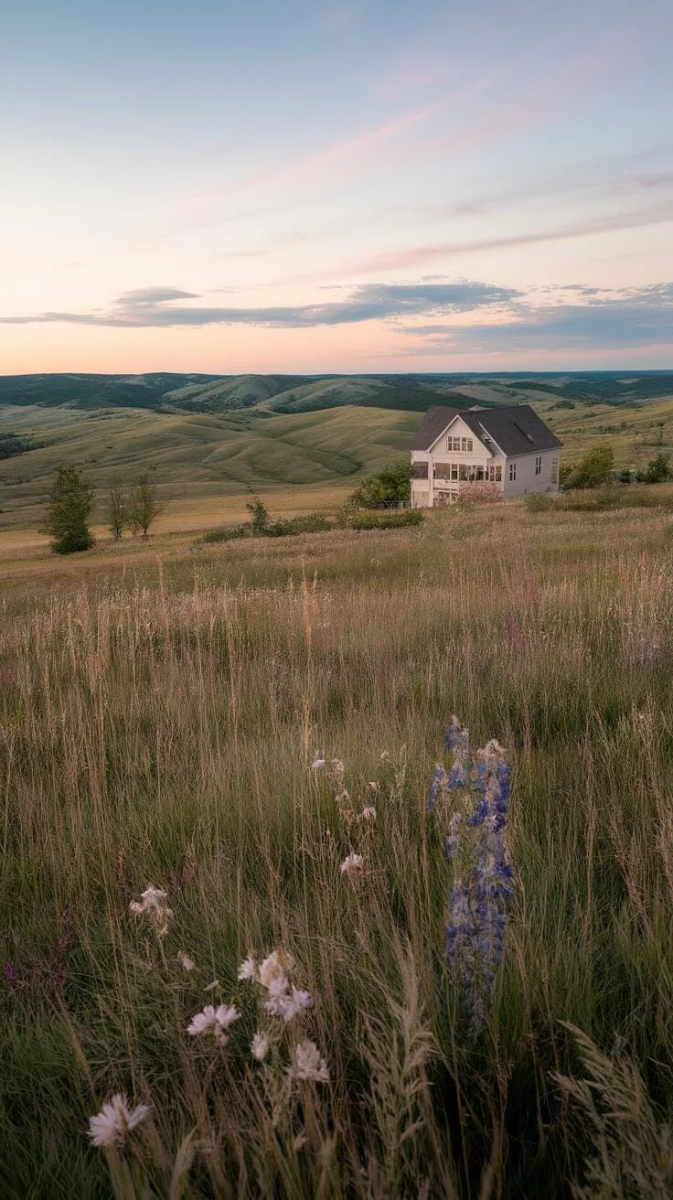 A white house with a porch sits on a distant grassy hill under a pastel sky, with tall dry grass and wildflowers in the foreground.