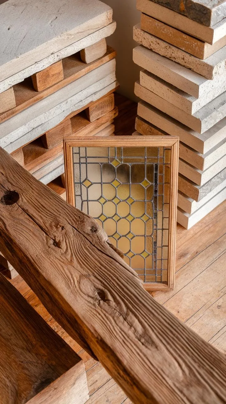 A close-up shot of a textured, rustic wooden beam in the foreground, with a framed stained glass panel featuring a honeycomb pattern behind it, and st