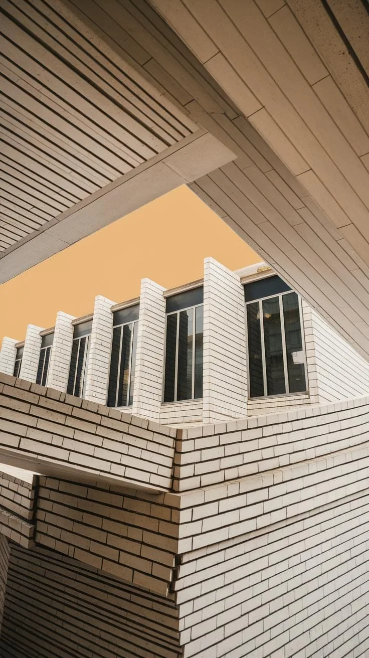 An abstract architectural shot from below shows a building with light-colored brick and horizontal slatted ceilings, featuring multiple windows and an