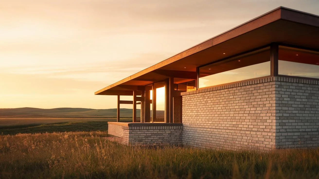 A modern, single-story house with a flat, overhanging roof, large windows, and light-colored brick walls sits in a vast, golden grassy field under a w