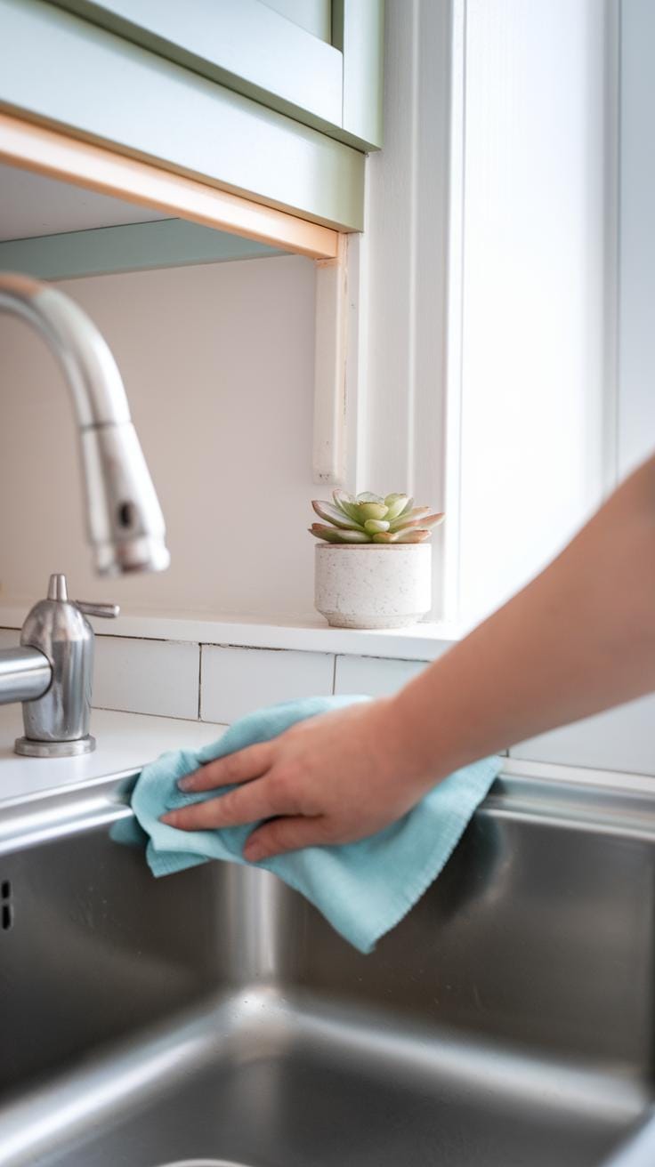 A hand wipes the edge of a kitchen sink with a blue cloth. A small potted succulent sits on the windowsill above the sink.
