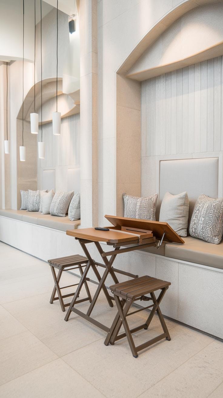 A modern seating area with a built-in cushioned bench, patterned pillows, two small wooden folding tables, two matching stools, and hanging pendant lights against a light-colored wall.