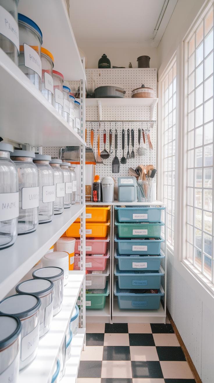 A well-organized pantry with labeled jars on shelves, colorful plastic storage bins, and kitchen utensils hanging on a pegboard. Sunlight streams in through large windows, illuminating the checkered floor.