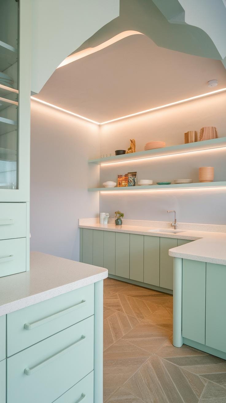 Modern kitchen with pastel green cabinets, white countertops, open shelves displaying dishes and decor, and soft under-cabinet lighting. The space features light wood herringbone flooring and uniquely shaped ceiling details.