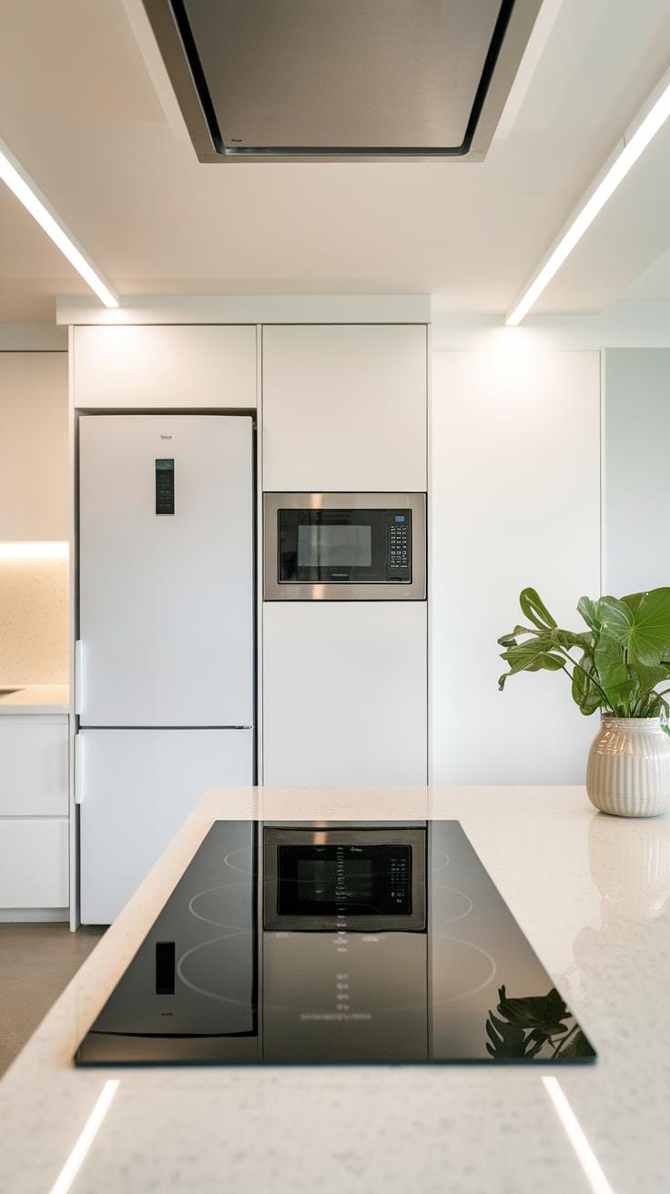 Modern kitchen with a white refrigerator, built-in microwave, induction cooktop on a white island, and a potted green plant on the counter. Clean, minimalistic design with bright lighting.