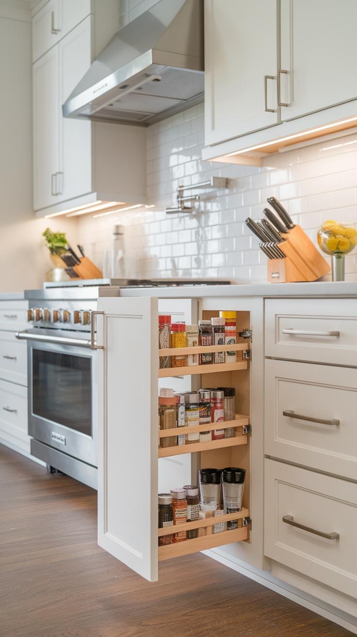 A modern kitchen with white cabinets, stainless steel appliances, and a pull-out spice rack drawer filled with seasonings beside the stove. The backsplash is white subway tile, and wooden knife blocks sit on the countertop.