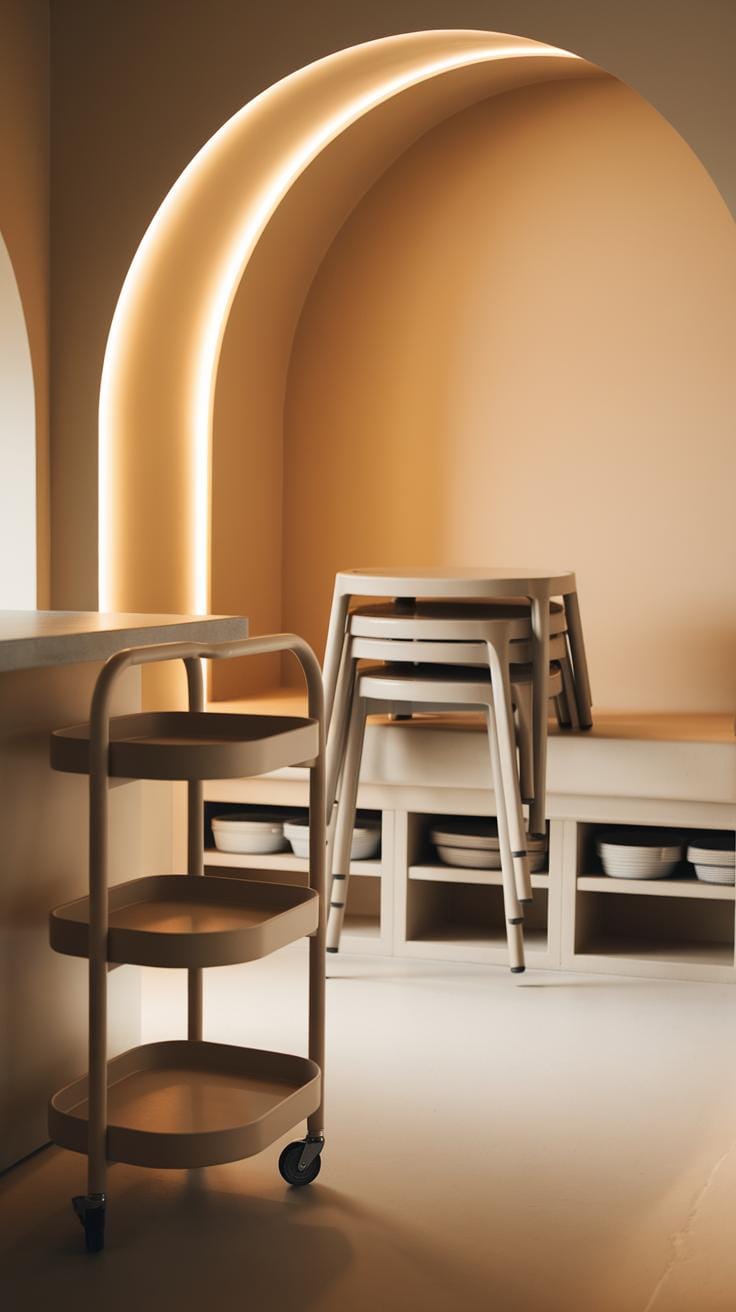 A minimalist kitchen features arched alcoves with soft lighting, a tiered rolling cart, stacked chairs, and shelves with neatly arranged bowls, all in neutral, beige tones.