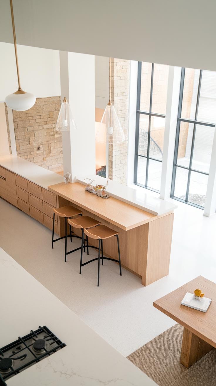 Minimalist kitchen with light wood cabinets, a small breakfast bar with two stools, modern pendant lights, large windows, and neutral decor. Natural light fills the spacious, airy room.