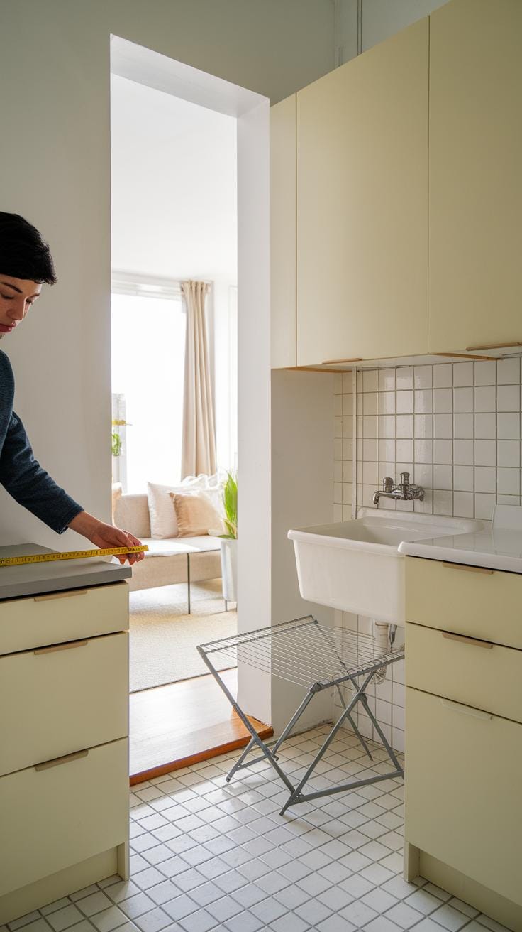 A person measures a kitchen counter with a tape measure in a small, light-colored kitchen featuring tiled floors and a sink, with a drying rack nearby and a living room visible in the background.