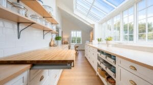 Bright, modern galley kitchen with long wooden countertops, open shelving with jars and dishes, white cabinetry, and large skylight windows letting in natural light. A pull-out butcher block is extended on one side.