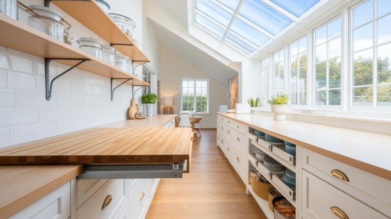 Bright, modern galley kitchen with long wooden countertops, open shelving with jars and dishes, white cabinetry, and large skylight windows letting in natural light. A pull-out butcher block is extended on one side.