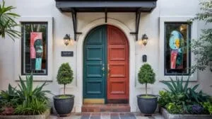 A white stucco building features a unique arched double door, with one side painted teal and the other rust orange, flanked by two large windows displ