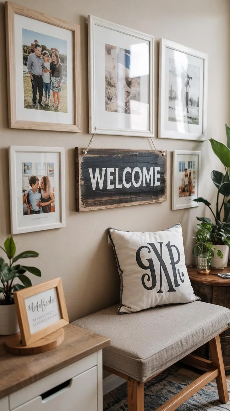 A cozy and inviting entryway features a gallery wall with family photos in light wood frames, a rustic 'WELCOME' sign, and a cushioned wooden bench wi