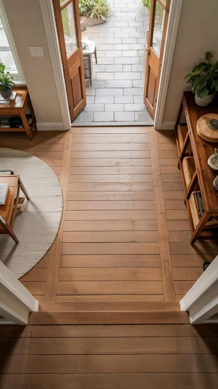 An overhead, downward-facing view shows a home's entryway featuring light brown hardwood floors leading to open double glass doors that reveal an outd