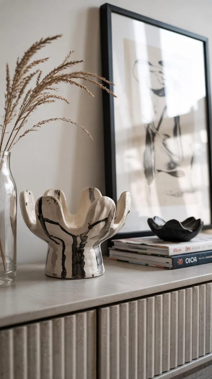 A close-up view of a light-colored console table styled with decorative objects. On the left, a tall glass vase holds dried pampas grass. In the cente