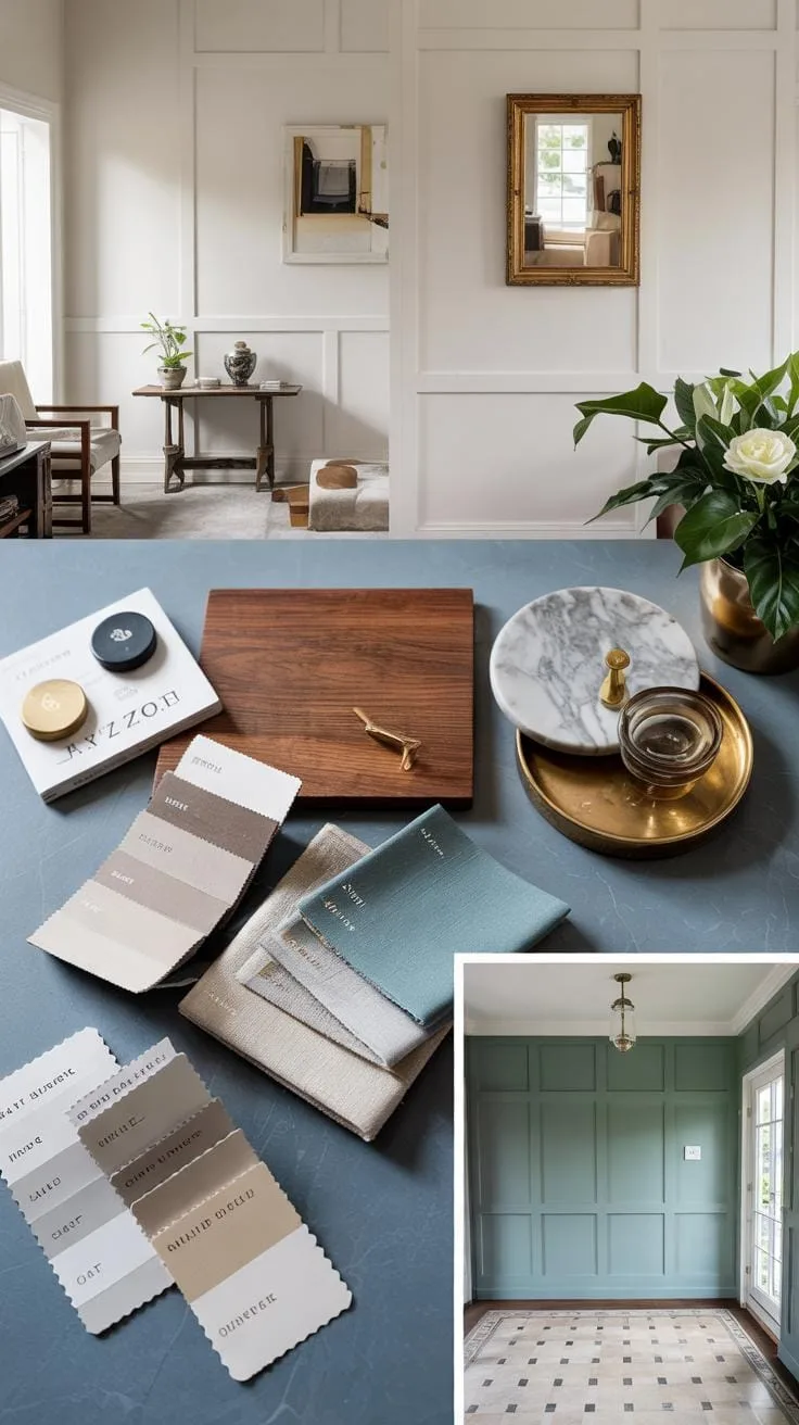 A flat lay of interior design samples including paint swatches, fabric swatches, a wooden tray, a marble coaster, and a gold tray, with an overhead vi
