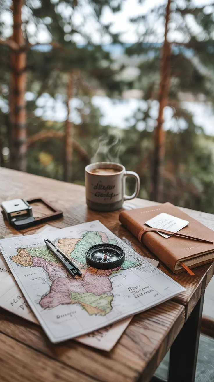 A rustic wooden table holds an open map, a compass, a pen, a steaming mug of coffee, a lighter, and a brown leather-bound journal, all set against a b