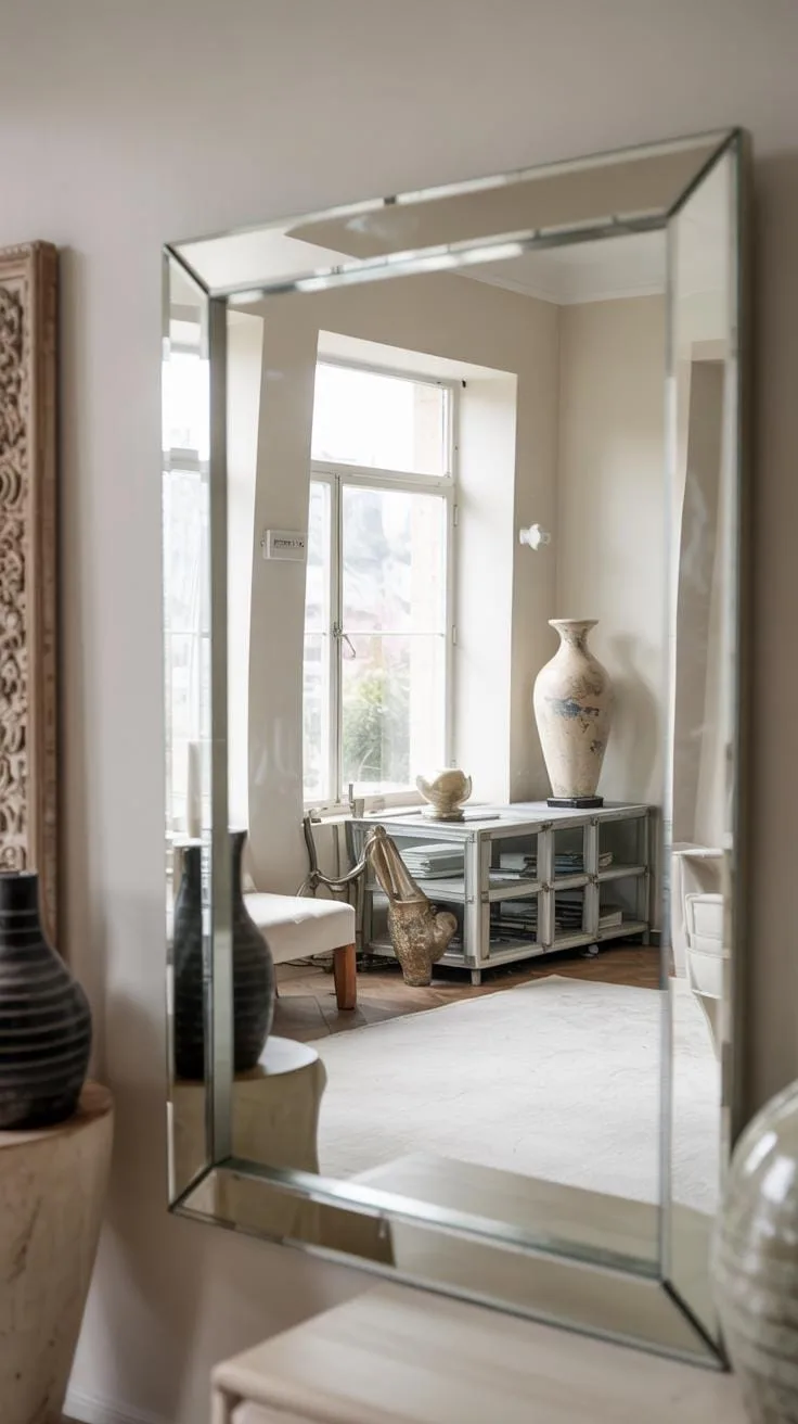 A large, rectangular beveled mirror with a sleek, clear frame reflects a brightly lit room with a window, a white vase on a dark cabinet, and a light-