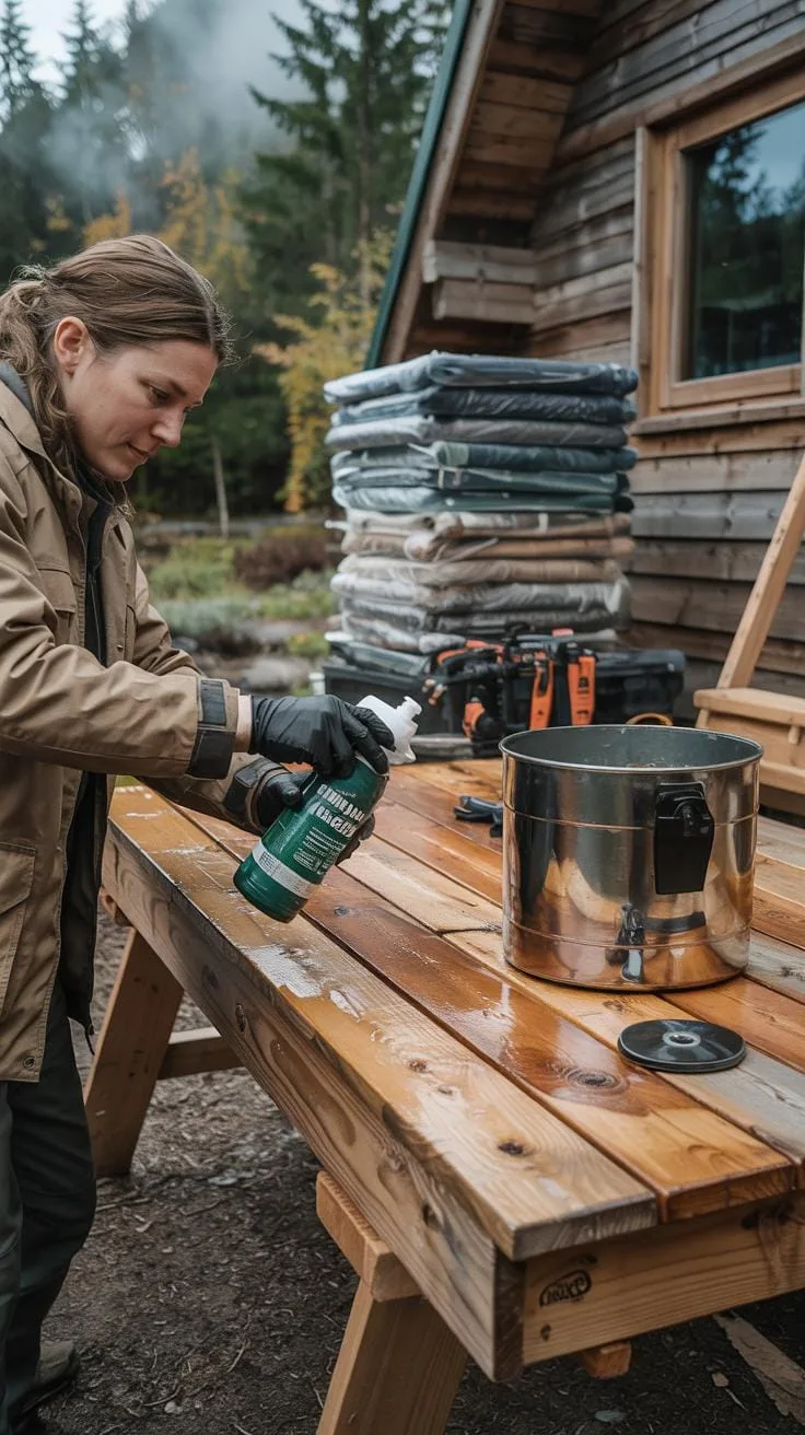 A woman in a brown jacket and black gloves sprays a green bottle onto a wooden picnic table next to a large metal pot, with a rustic cabin and stacked