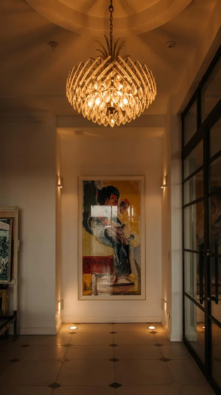 A dimly lit entryway features a large, ornate crystal chandelier hanging from a white ceiling, casting a warm glow on the floor. A rectangular paintin
