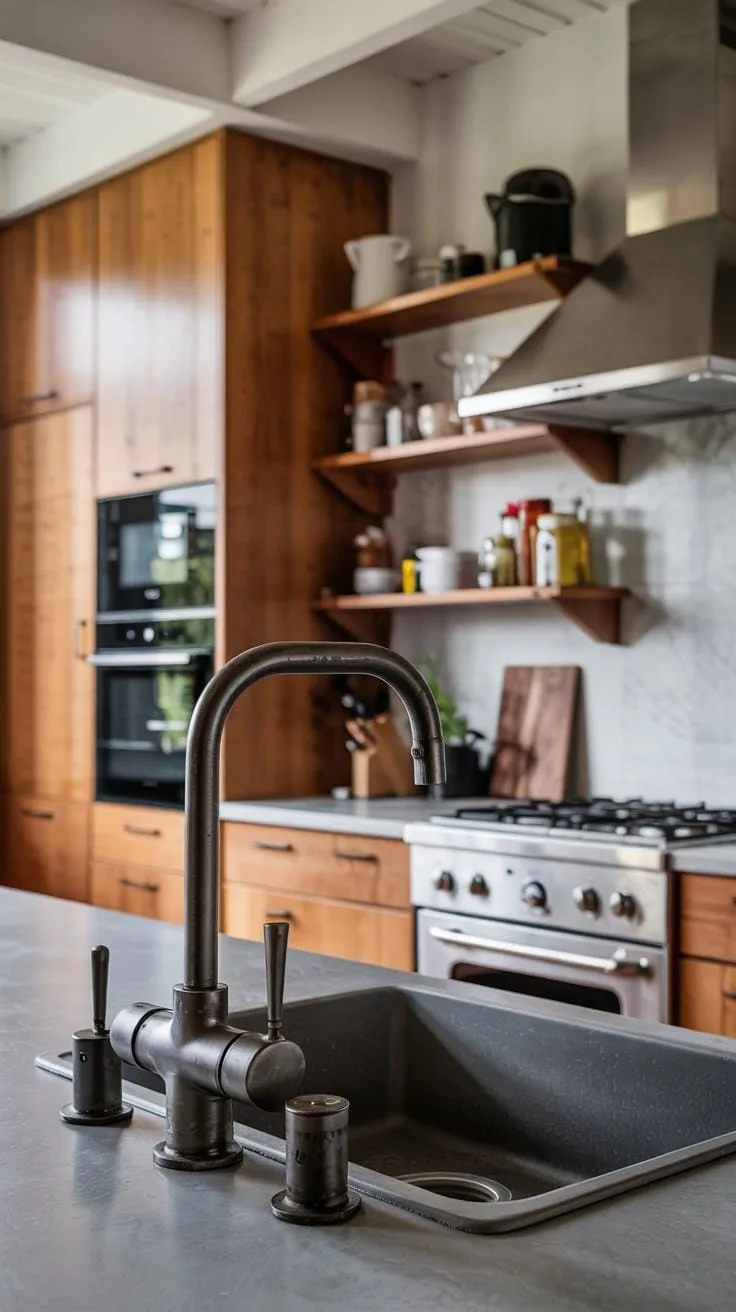 A close-up view of a dark gray kitchen sink and a black gooseneck faucet on a gray countertop, with a modern kitchen in the background featuring light