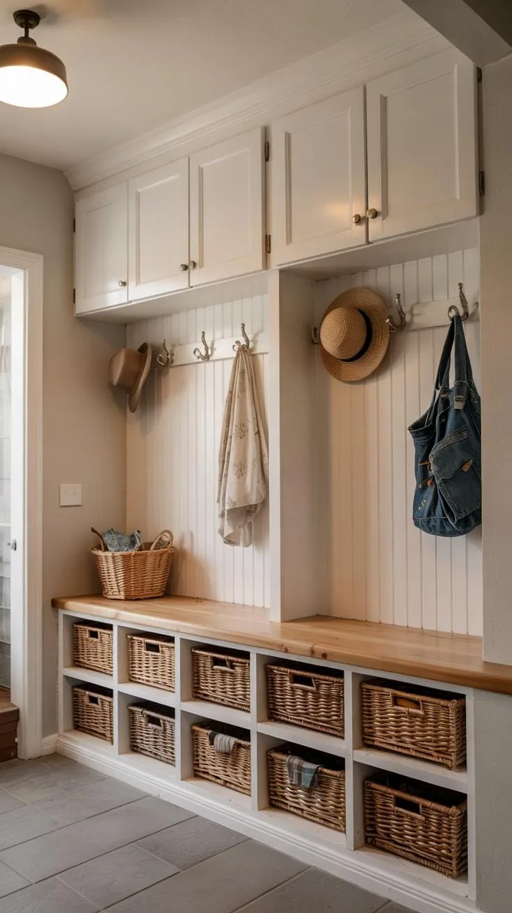 A brightly lit entryway features a built-in mudroom bench with natural wood tops, white beadboard paneling, and white storage cabinets above, along wi
