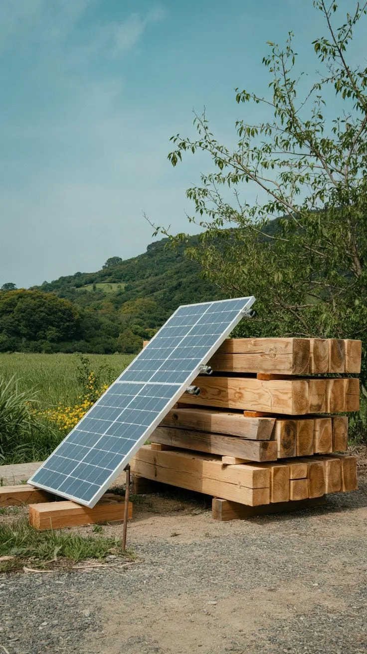A solar panel with a blue grid pattern leans on a stack of light brown wooden beams, situated outdoors on a gravel patch with green fields and hills i