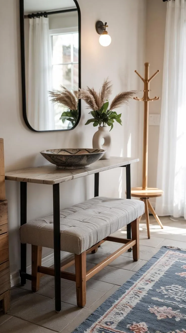 A beige and white entryway features a narrow console table with a textured bowl and a vase of pampas grass, a long upholstered bench underneath, and a