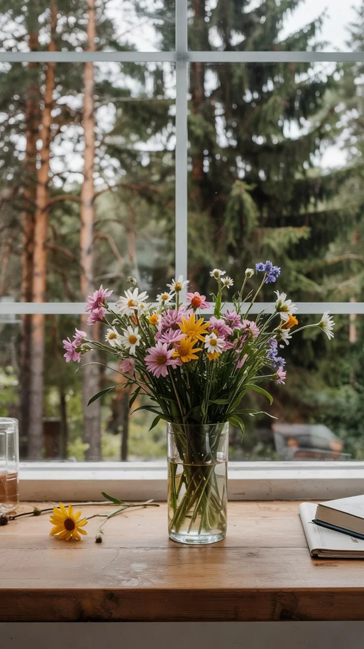 A rustic wooden windowsill holds a clear glass vase filled with a colorful bouquet of wildflowers, with a single yellow flower and an open book lying