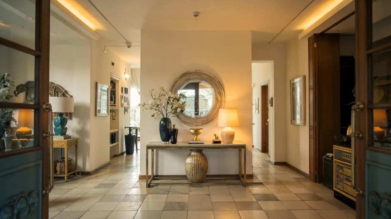 A brightly lit entryway features a large round mirror with a textured frame above a gold-framed console table with a large vase of flowers, two lamps,